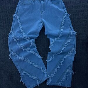 Blue Flare Wide Leg Distressed Jeans